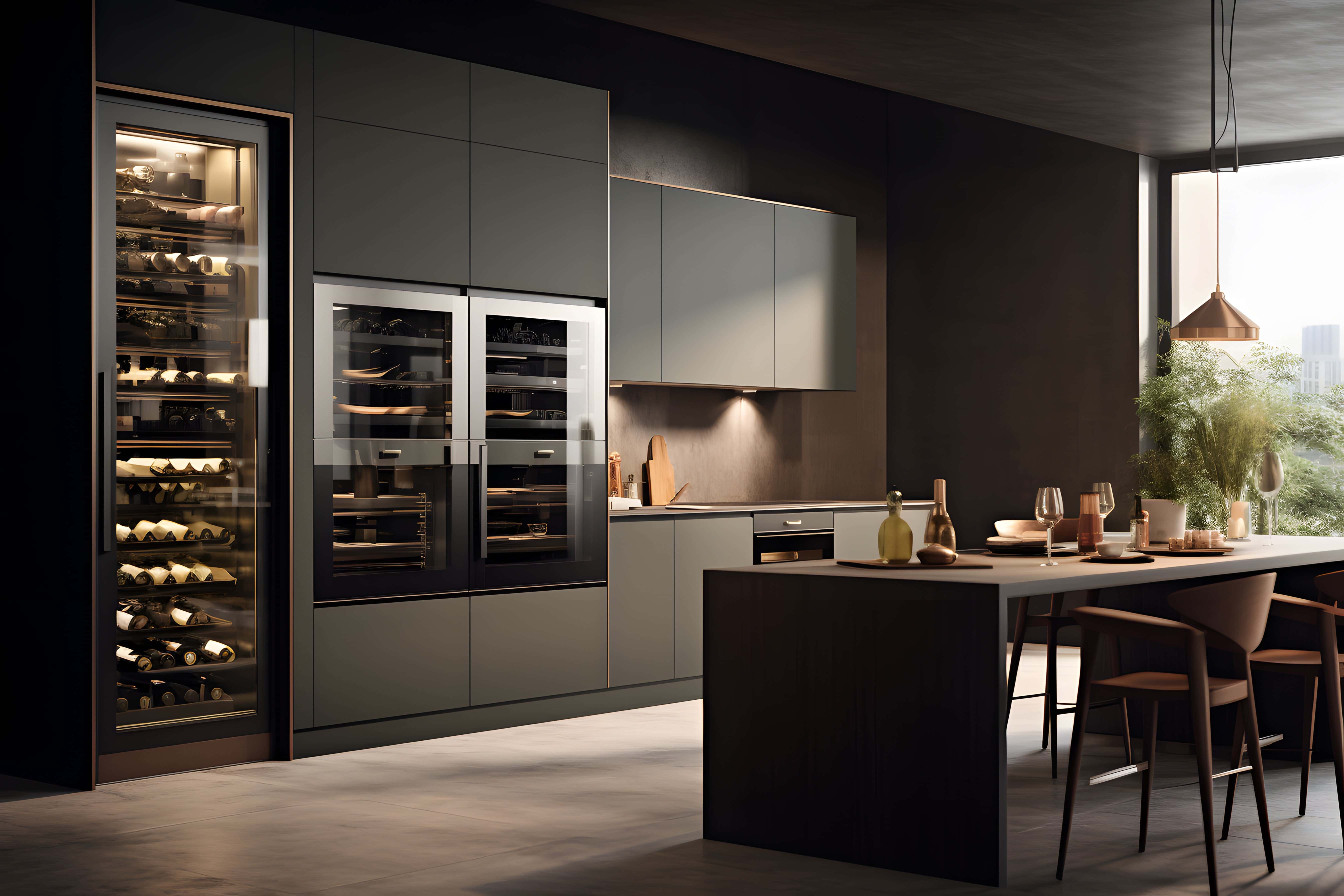 Modern luxury kitchen with sleek dark cabinetry, a built-in wine fridge filled with bottles, dual wall ovens, and a minimalist island set for dining with wine glasses and ambient lighting.