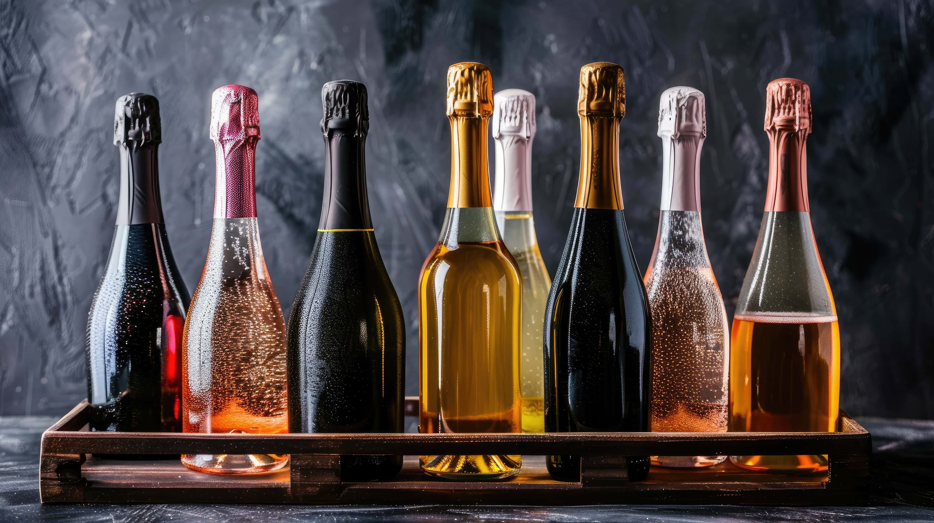 Assorted bottles of sparkling wine in various colors and foil wrappings arranged in a wooden crate against a dark textured background.