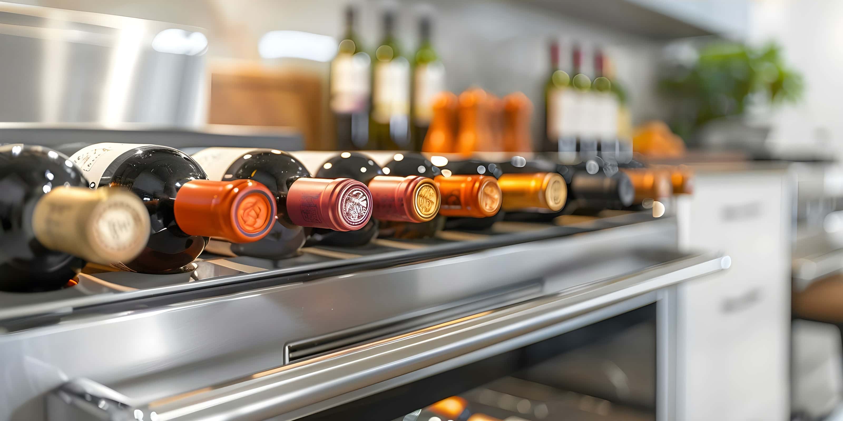 Close-up of assorted wine bottles stored horizontally in a modern wine fridge with metal racks, showcasing bottle caps and labels.