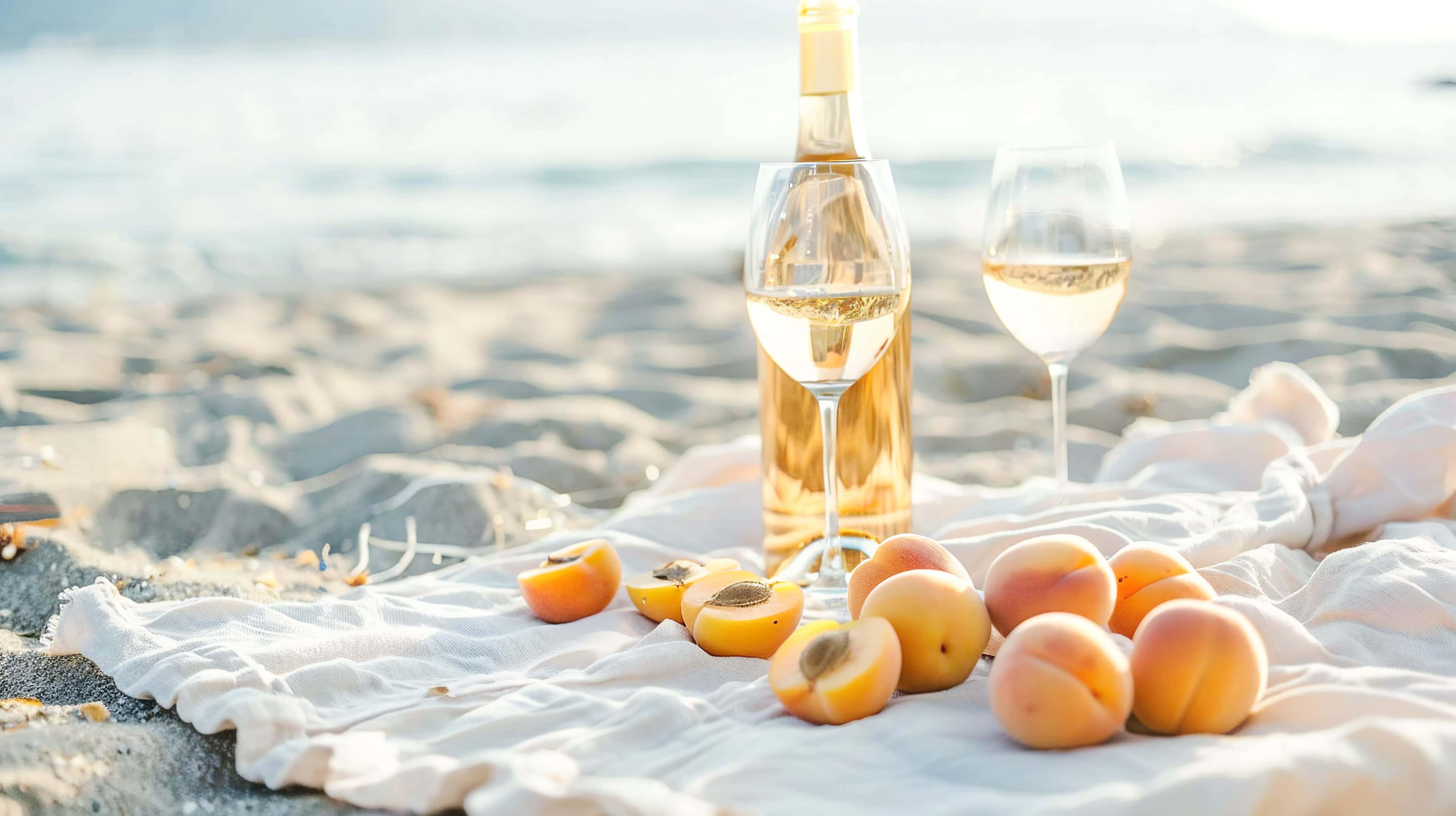 Summer beach picnic with white wine, fresh apricots, and wine glasses on a light blanket by the sea, capturing a relaxing coastal lifestyle moment.