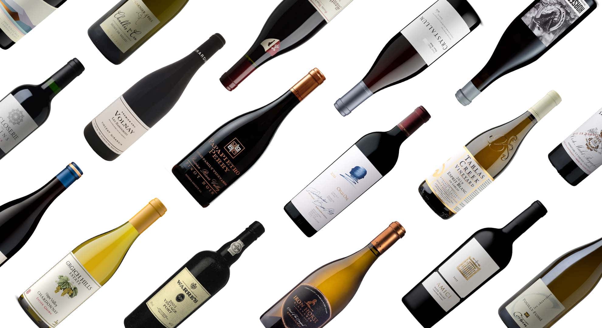 Assorted wine bottles displayed diagonally on a white background, showcasing a variety of labels, bottle shapes, and wine styles including red, white, and rosé.