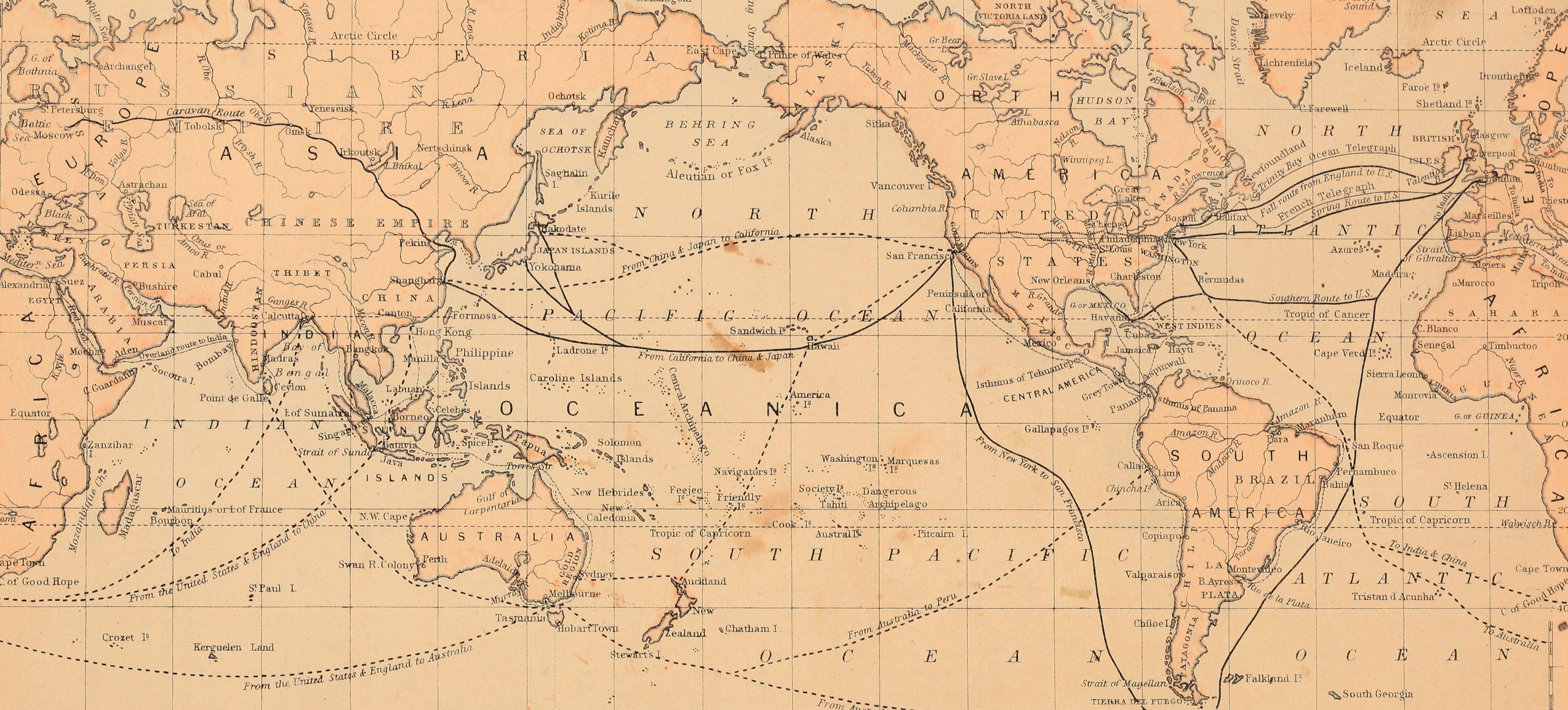 Vintage world map showing 19th-century trade routes, continents, and major oceans with historical geographic names and colonial boundaries.