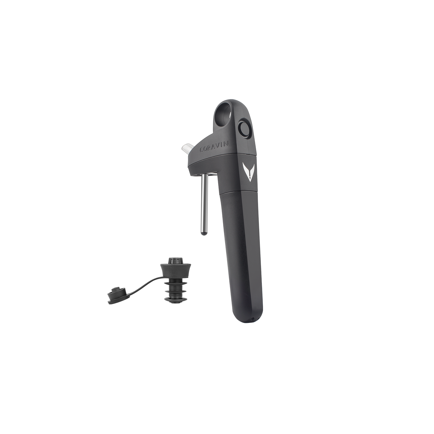 Coravin wine preservation system featuring a black handle and a cork needle, next to a wine stopper accessory.