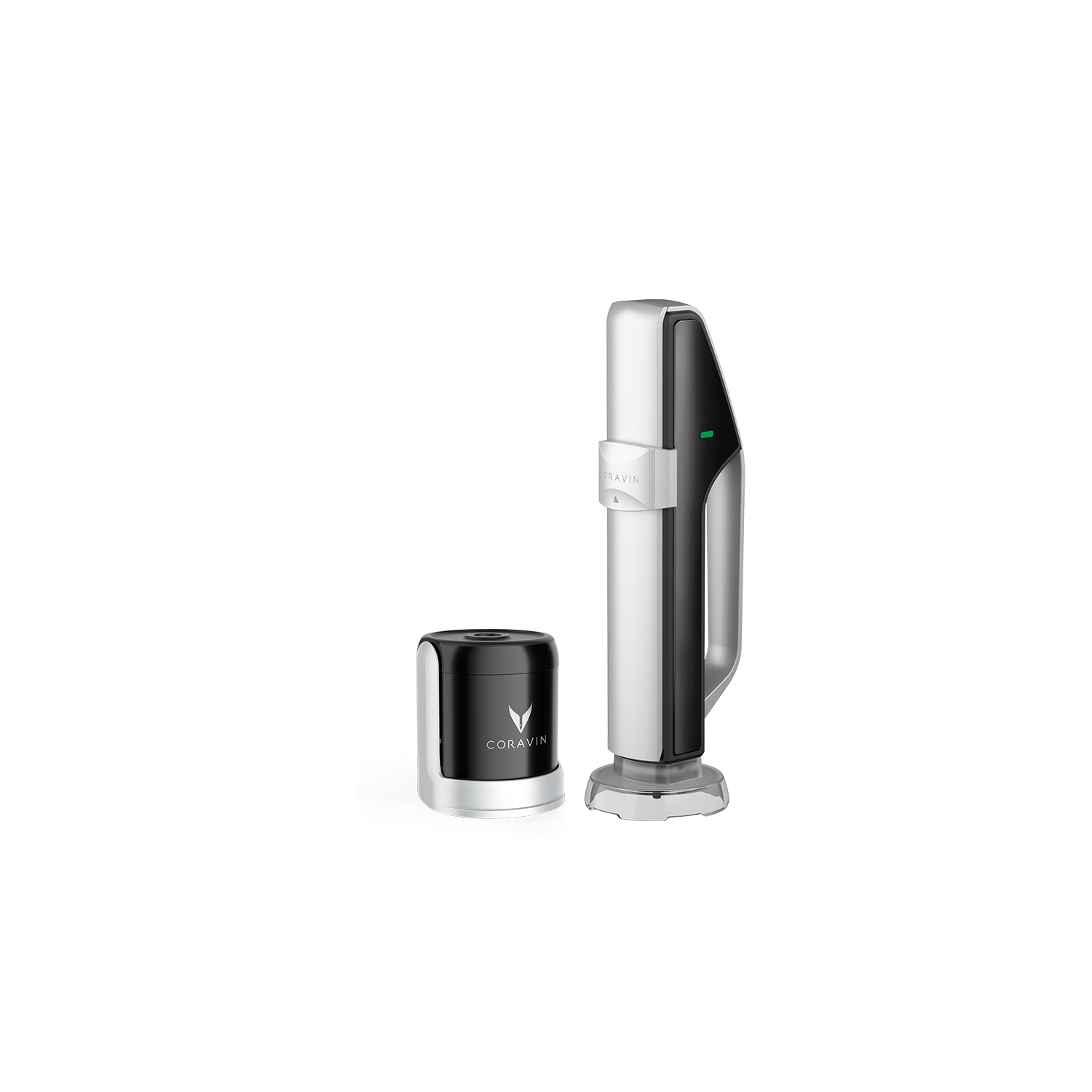 Coravin wine preservation system featuring a sleek silver and black design with a gas capsule.