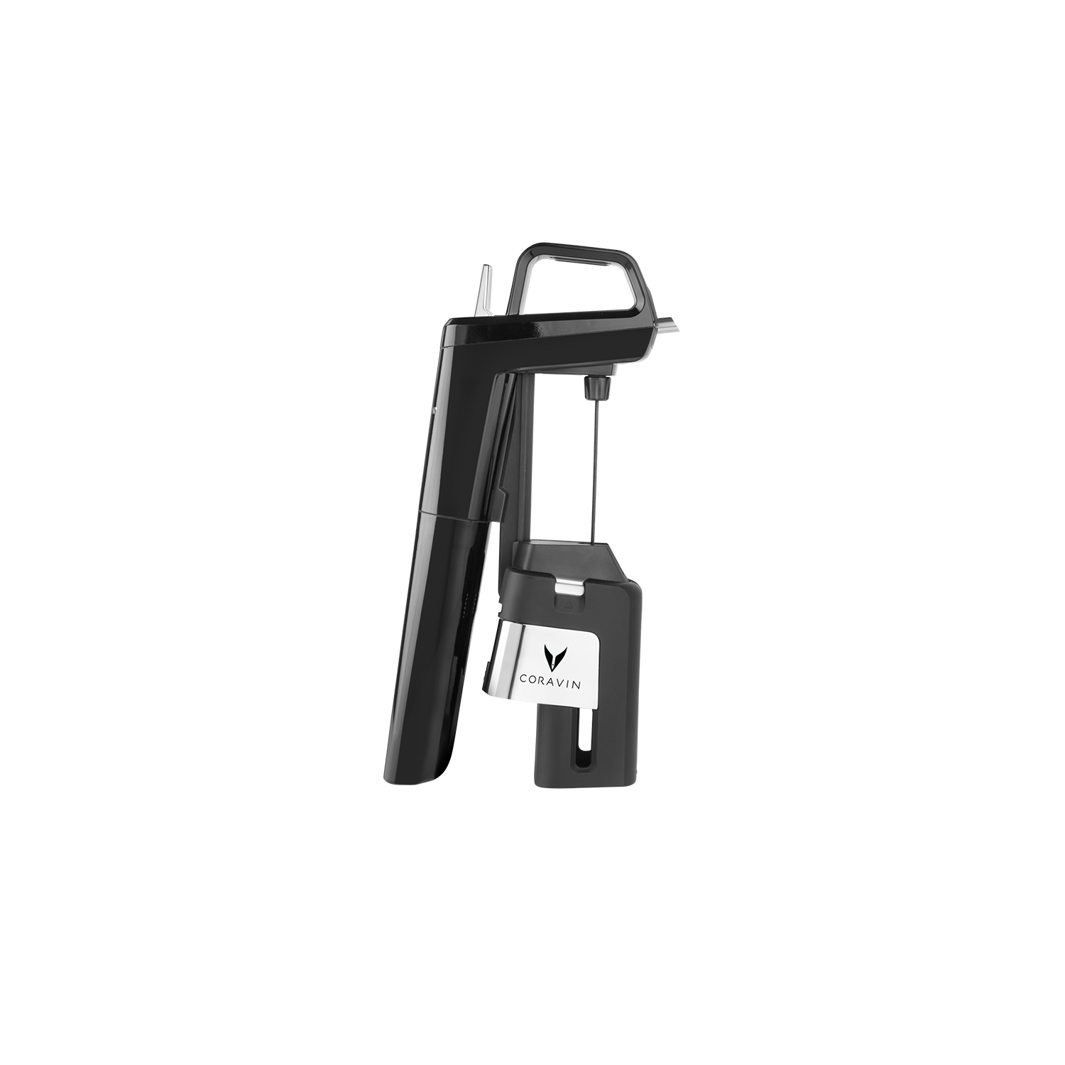Coravin wine preservation system, featuring a sleek black design and a silver logo, designed for extracting wine without removing the cork.